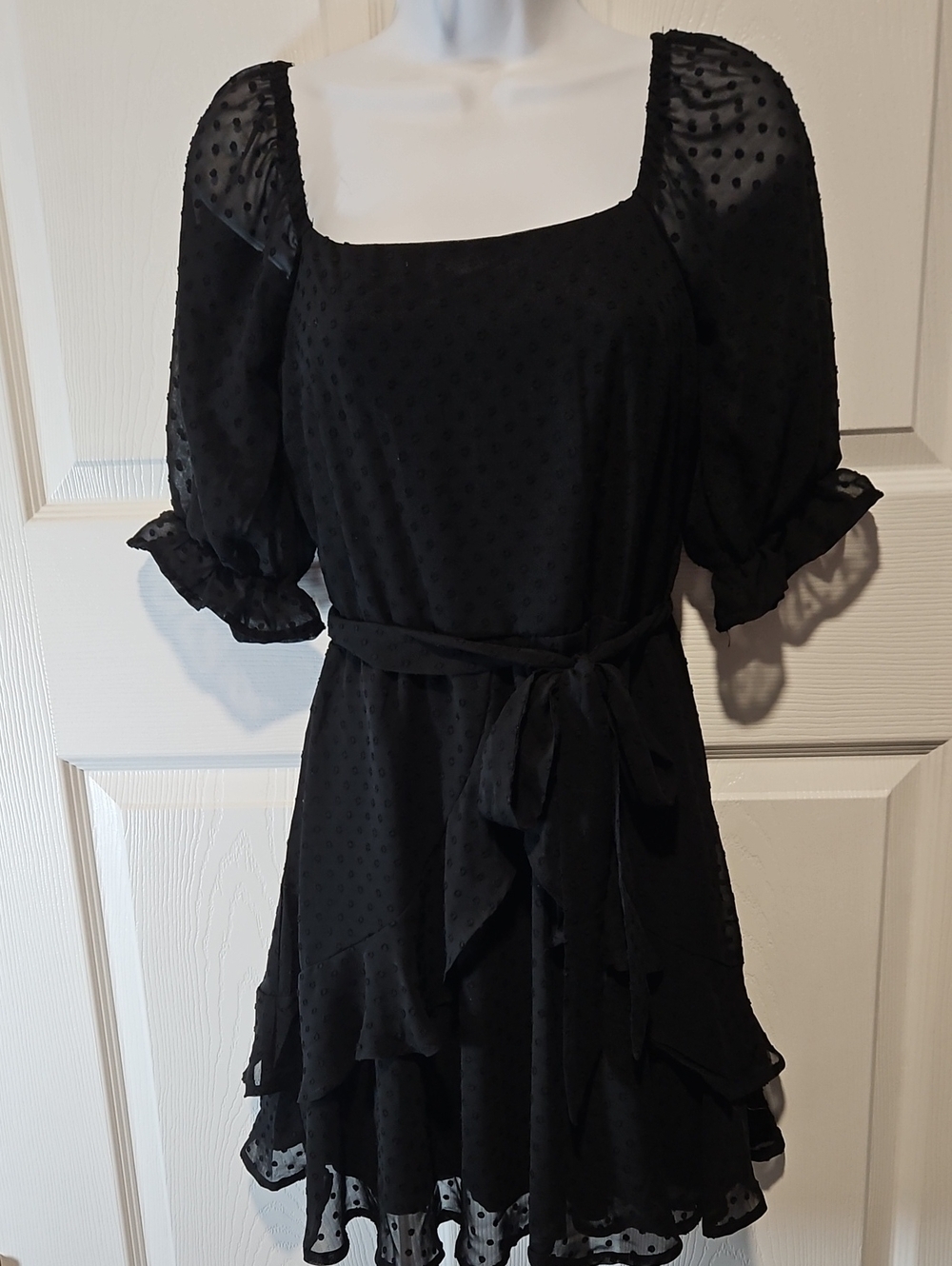 Trixxi Black Swiss Dot Puff Sleeve Belted Mini Dress